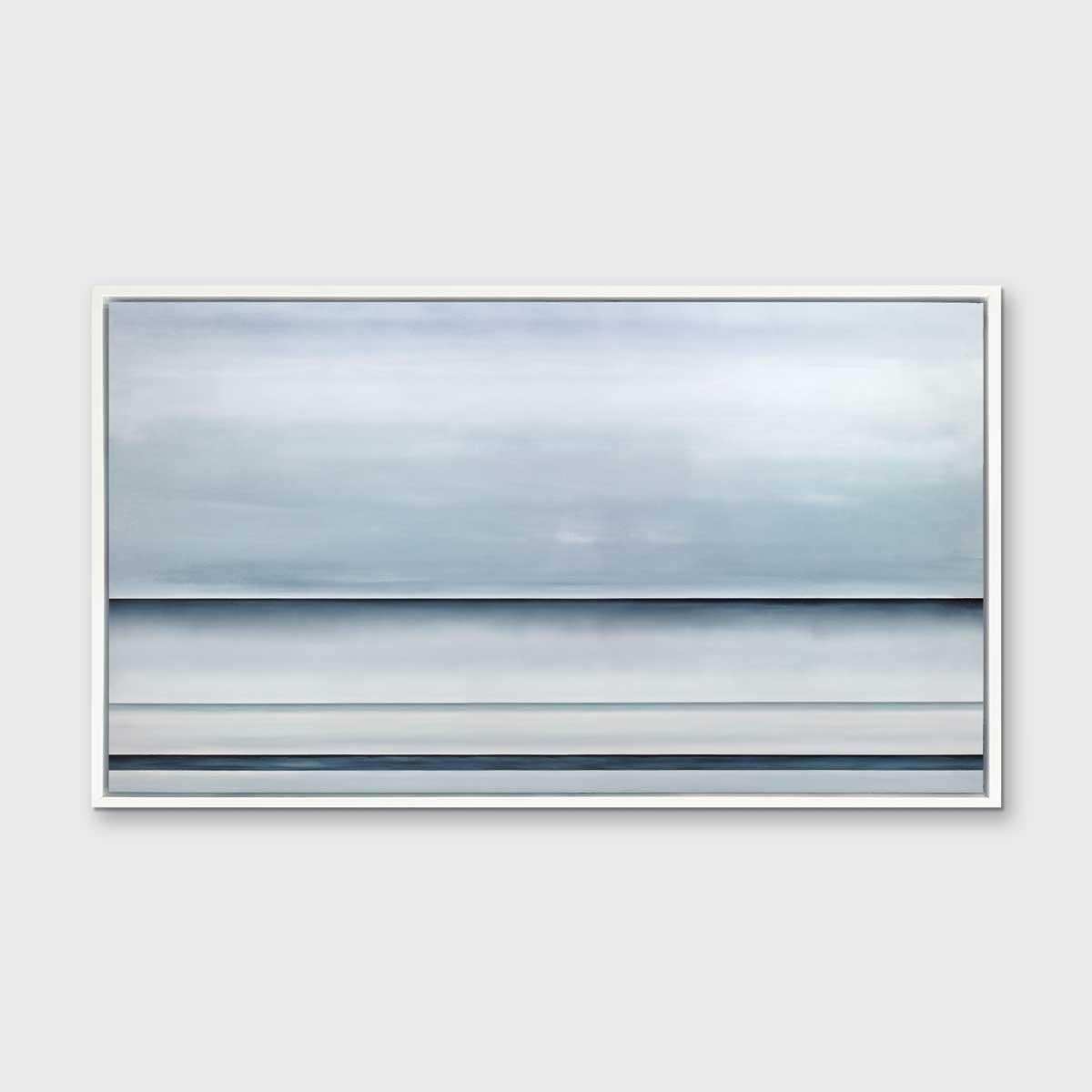 This abstract landscape limited edition print by Tony Iadicicco features a cool white, grey, and blue palette, and coastal, geometric, and minimalistic elements, with blue horizontal lines on the lower portion of the composition placed between soft,