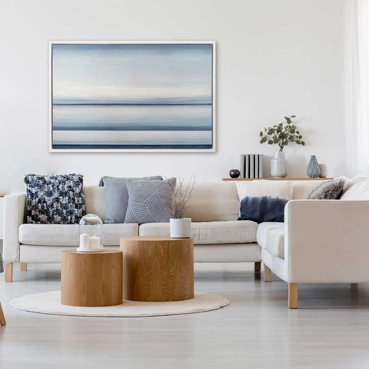 This abstract landscape limited edition print by Tony Iadicicco features a blue monochromatic palette. It has an abstracted landscape composition, with three stark blue horizon lines and soft blue blended colors between each - evoking the sense of a