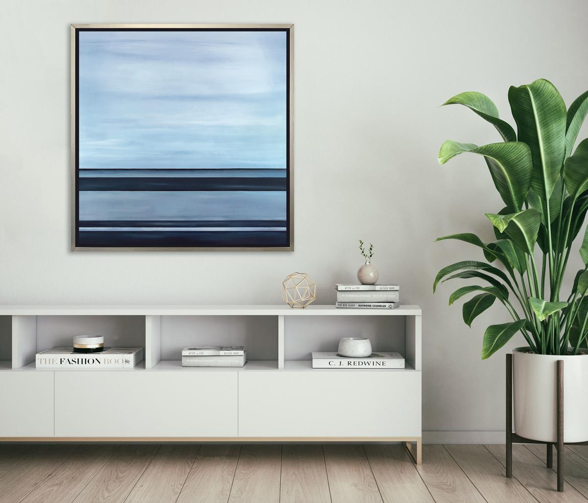 This abstract landscape limited edition print by Tony Iadicicco features a blue and grey palette. The artist pairs soft blended color with stark horizontal lines which create a landscape composition and coastal aesthetic. 

This Limited Edition