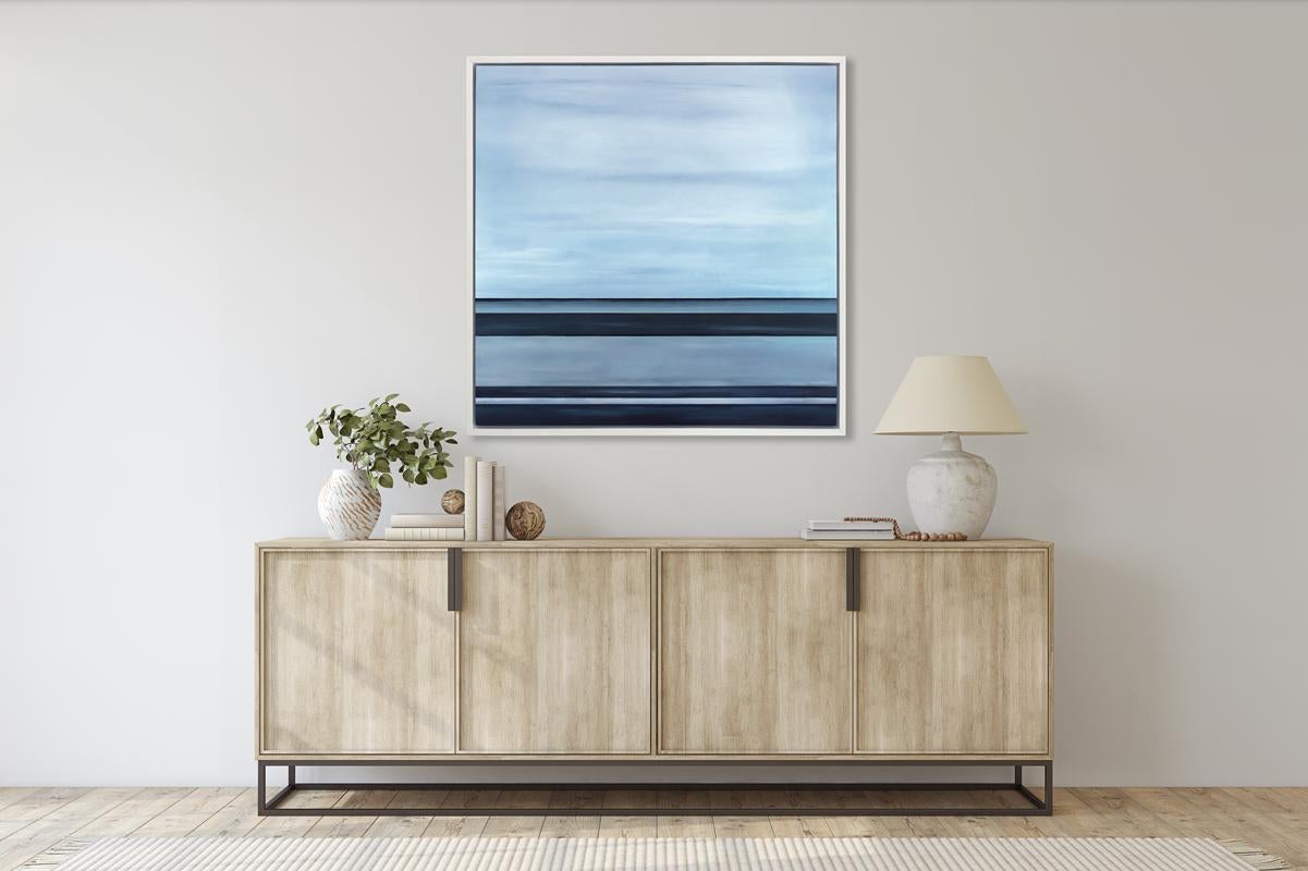 This abstract landscape limited edition print by Tony Iadicicco features a blue and grey palette. The artist pairs soft blended color with stark horizontal lines which create a landscape composition and coastal aesthetic. 

This Limited Edition