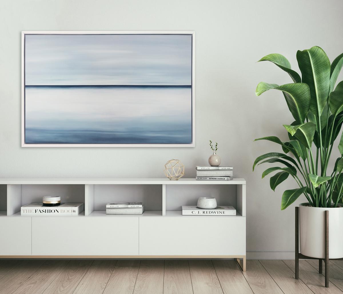 This abstract landscape limited edition print by Tony Iadicicco features a blue monochromatic palette. It has an abstracted landscape composition, with a stark blue horizon line and soft blue blended colors above and below it - evoking the sense of