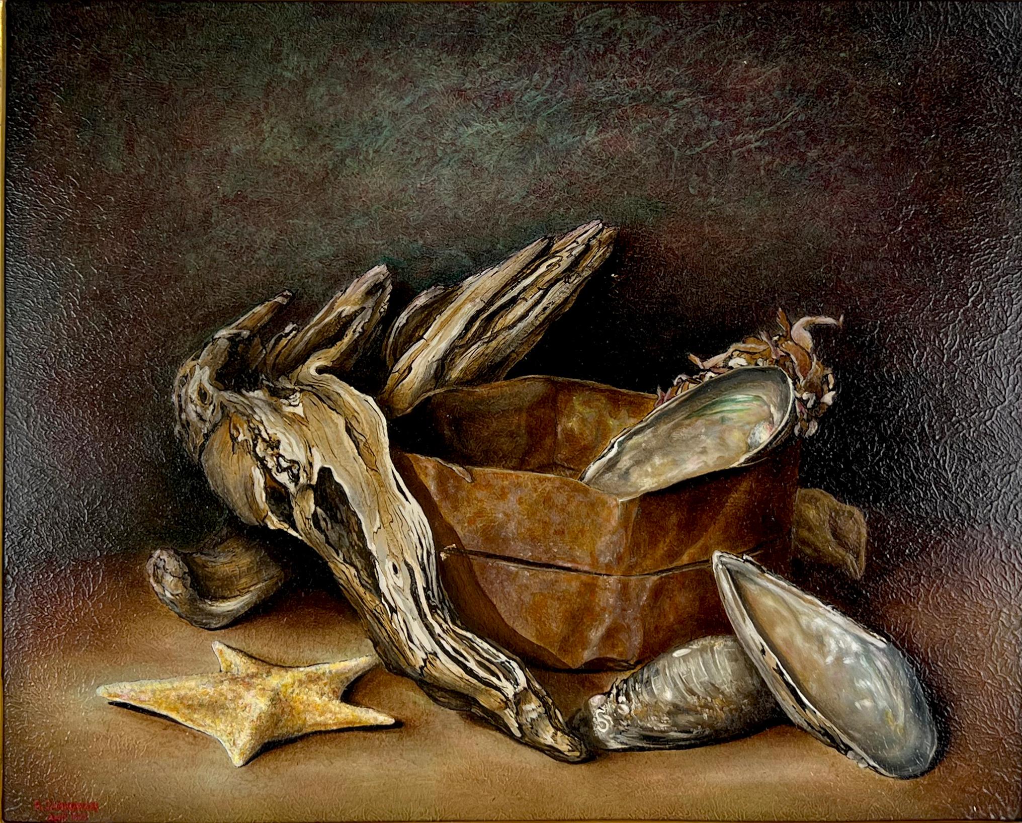  Vintage Still Life with Abalone Shells and Driftwood Influenced by Claude Buck - Painting by Tony Jankowski