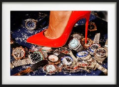 Break-Up - close-up of a red heel crushing a few rolexs, Fine Art Photography