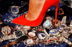 Break-Up - close-up of a red heel crushing a few rolexs, Fine Art Photography
