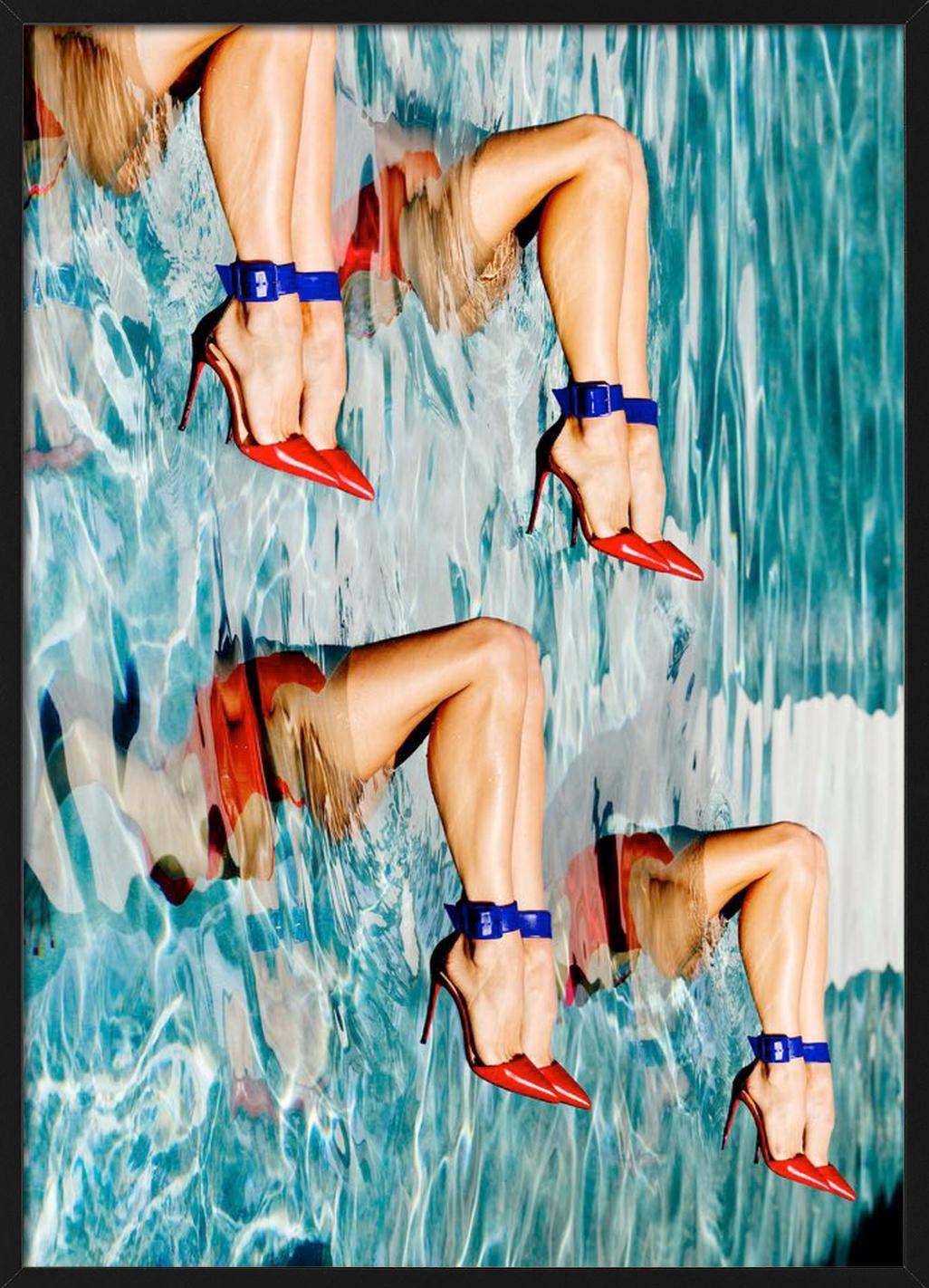 Footwork - legs in red heels in a blue swimmingpool, fine art photography, 2017 - Gray Color Photograph by Tony Kelly