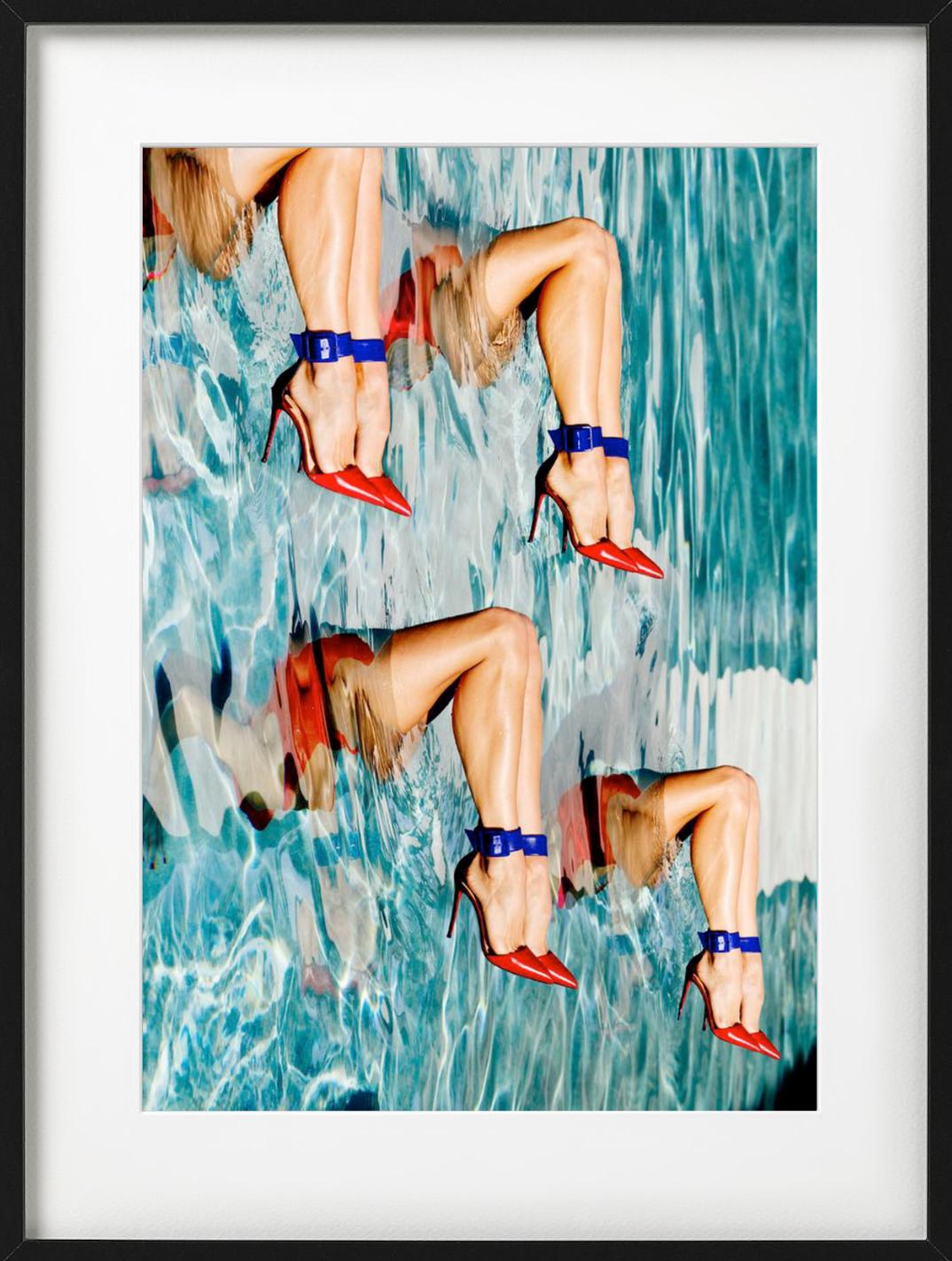 Footwork - legs in red heels in a blue swimmingpool, fine art photography, 2017 For Sale 1
