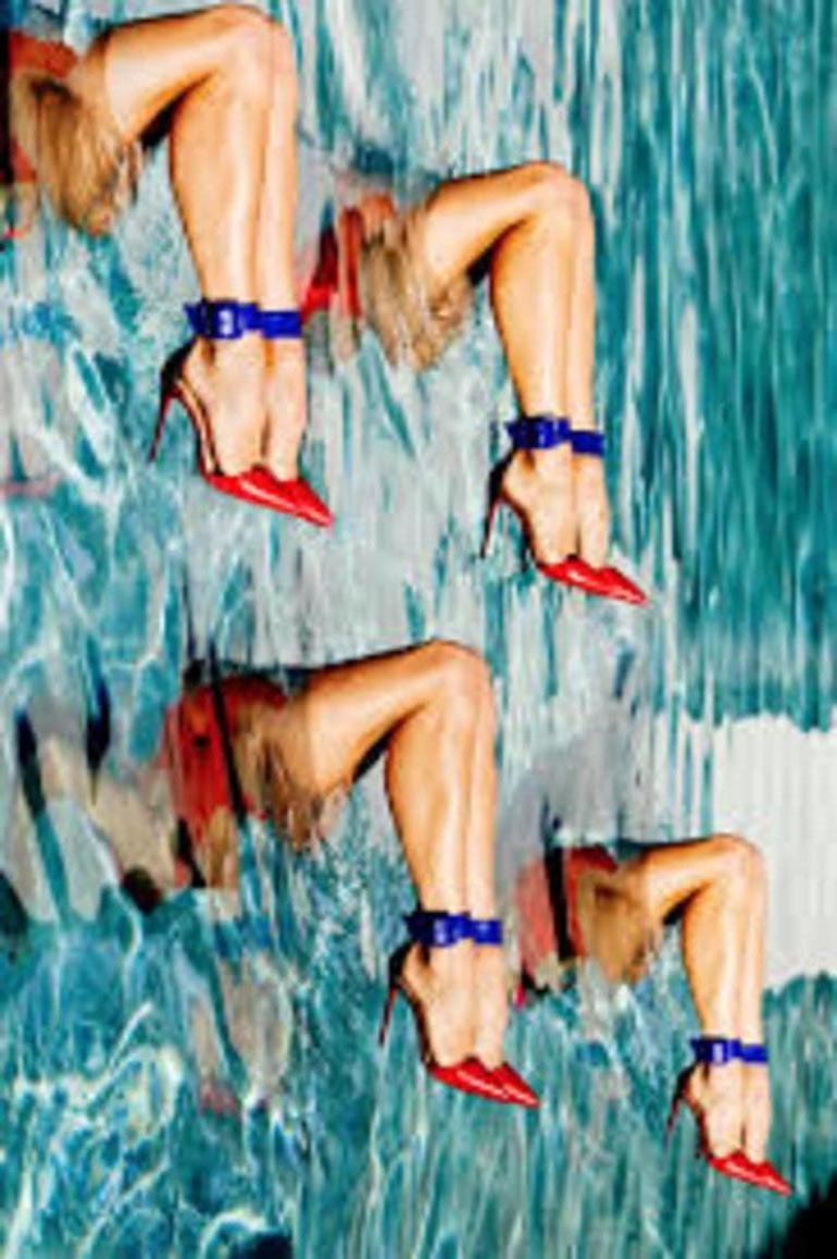 Footwork - legs in red heels in a blue swimmingpool, fine art photography, 2017