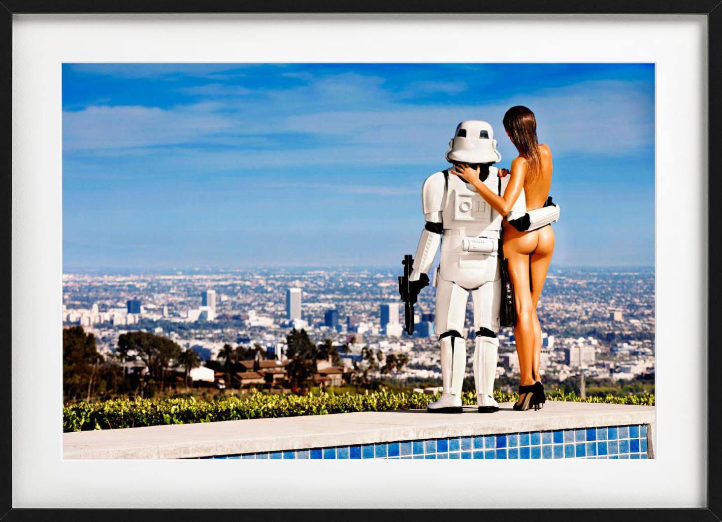 Love Story 5 - nude with storm trooper looking at LA, fine art photography, 2017 For Sale 3