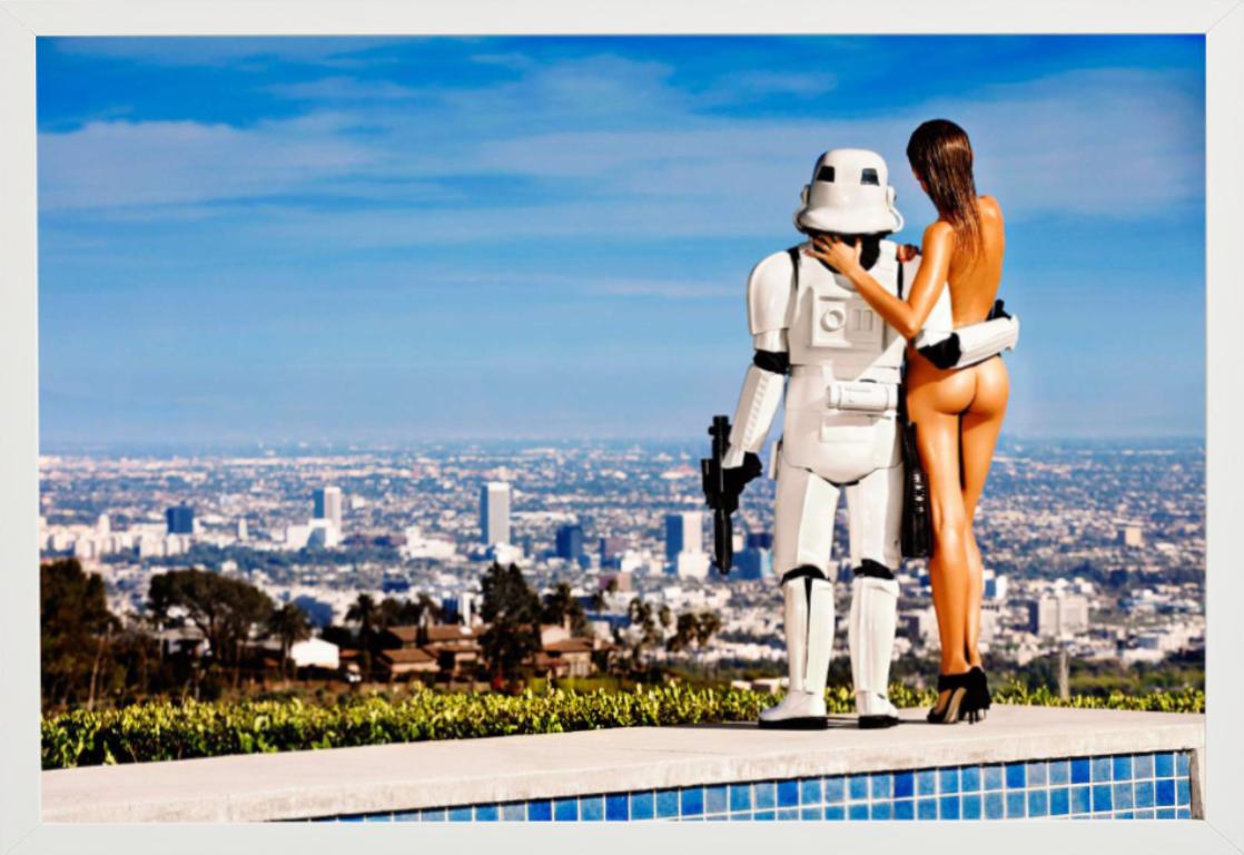 Love Story 5 - nude with storm trooper looking at LA, fine art photography, 2017 - Blue Nude Photograph by Tony Kelly