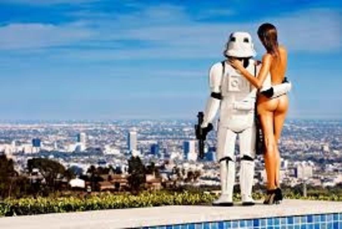 Love Story 5 - nude with storm trooper looking at LA, fine art photography, 2017
