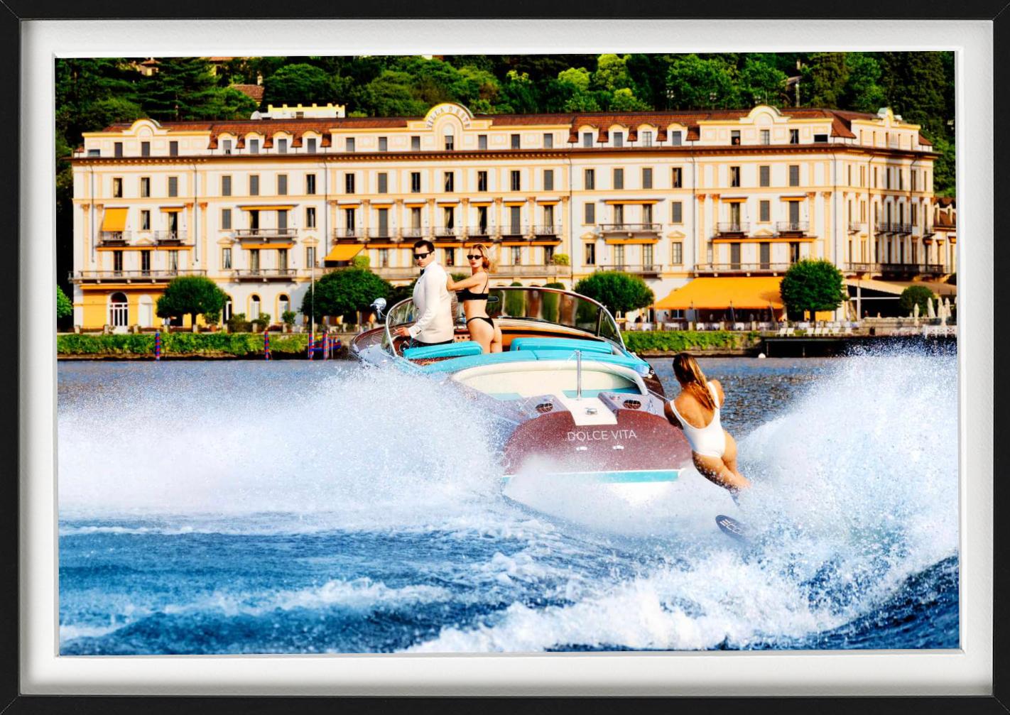 'Lunch for Three at Two' - waterskiing at Lake Como, fine art photography, 2023 - Gray Figurative Photograph by Tony Kelly