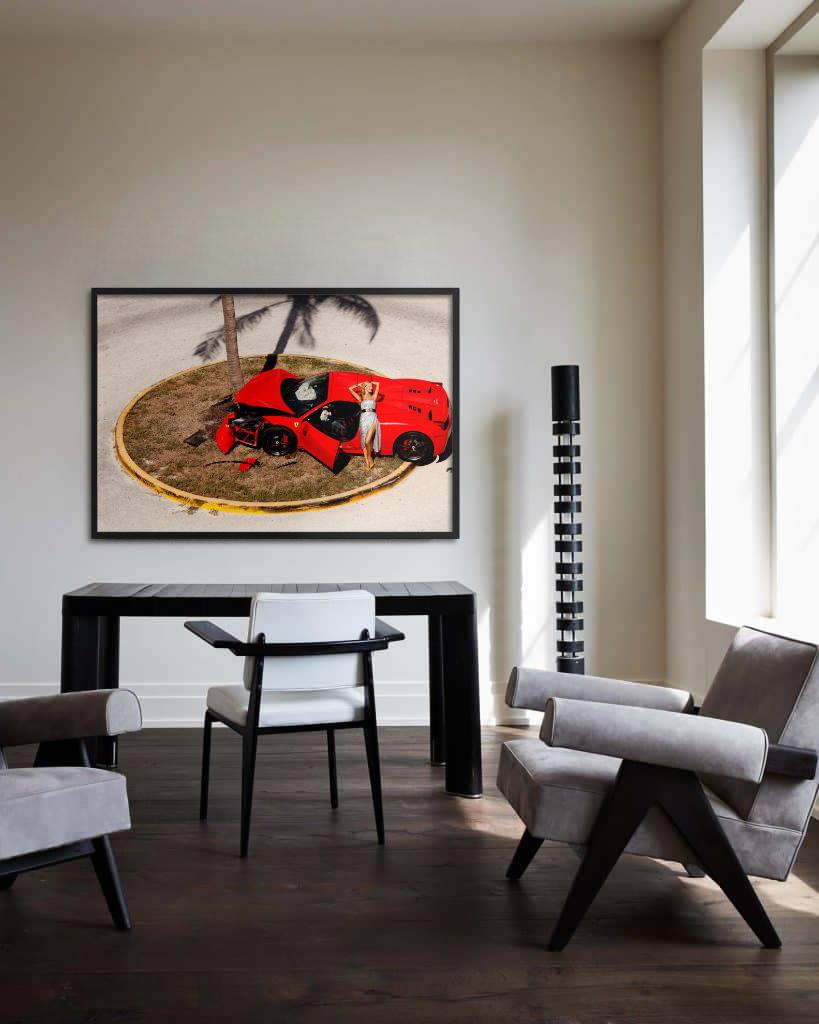 Miami Car Crash - Red Ferrari crashed on a Palmtree, fine art photography, 2019 - Contemporary Photograph by Tony Kelly