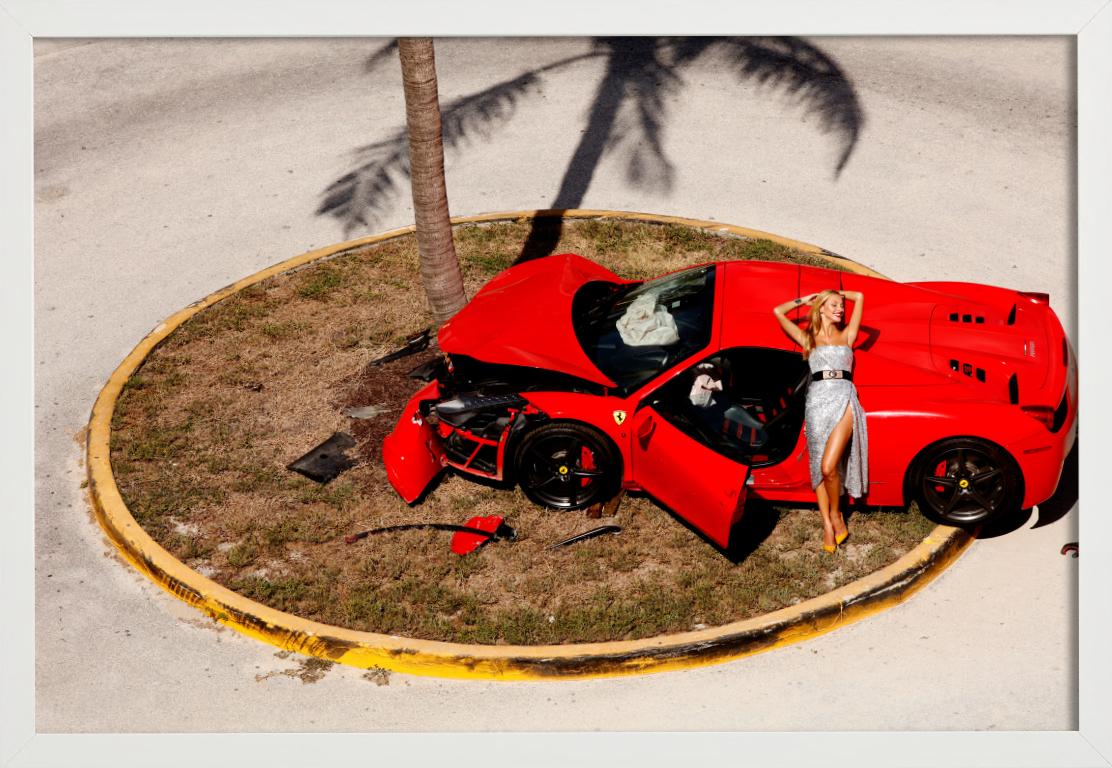 Miami Car Crash - Red Ferrari crashed on a Palmtree, fine art photography, 2019 For Sale 1