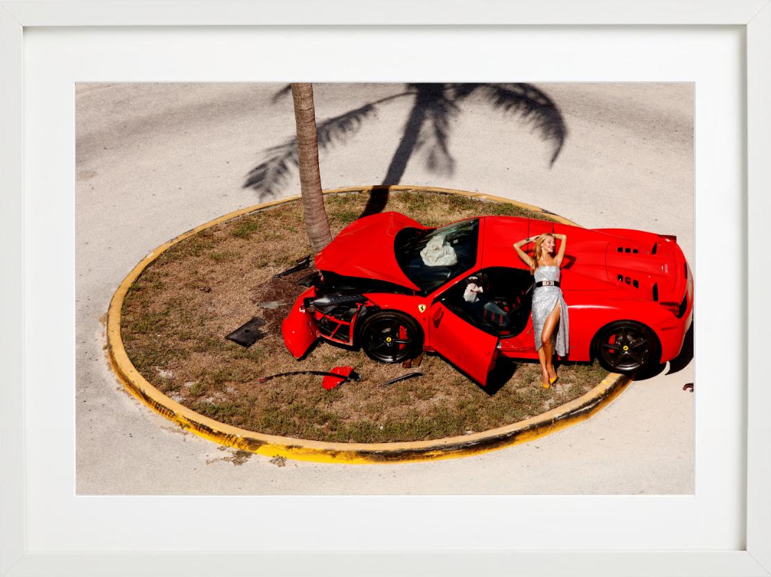 Miami Car Crash - Red Ferrari crashed on a Palmtree, fine art photography, 2019 For Sale 2