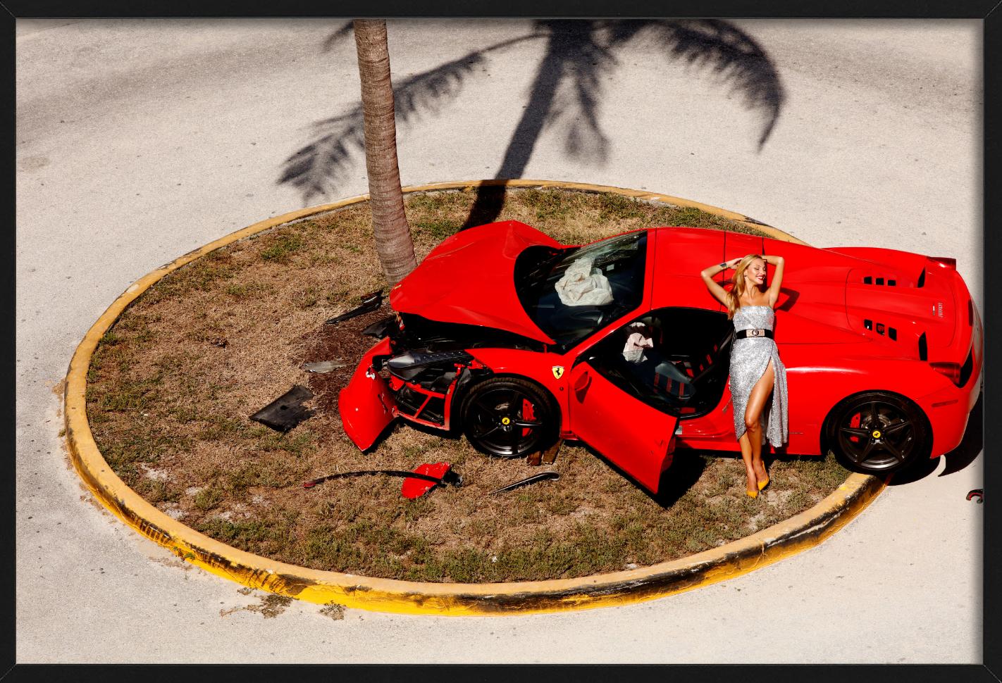 Miami Car Crash - Red Ferrari crashed on a Palmtree, fine art photography, 2019 For Sale 3