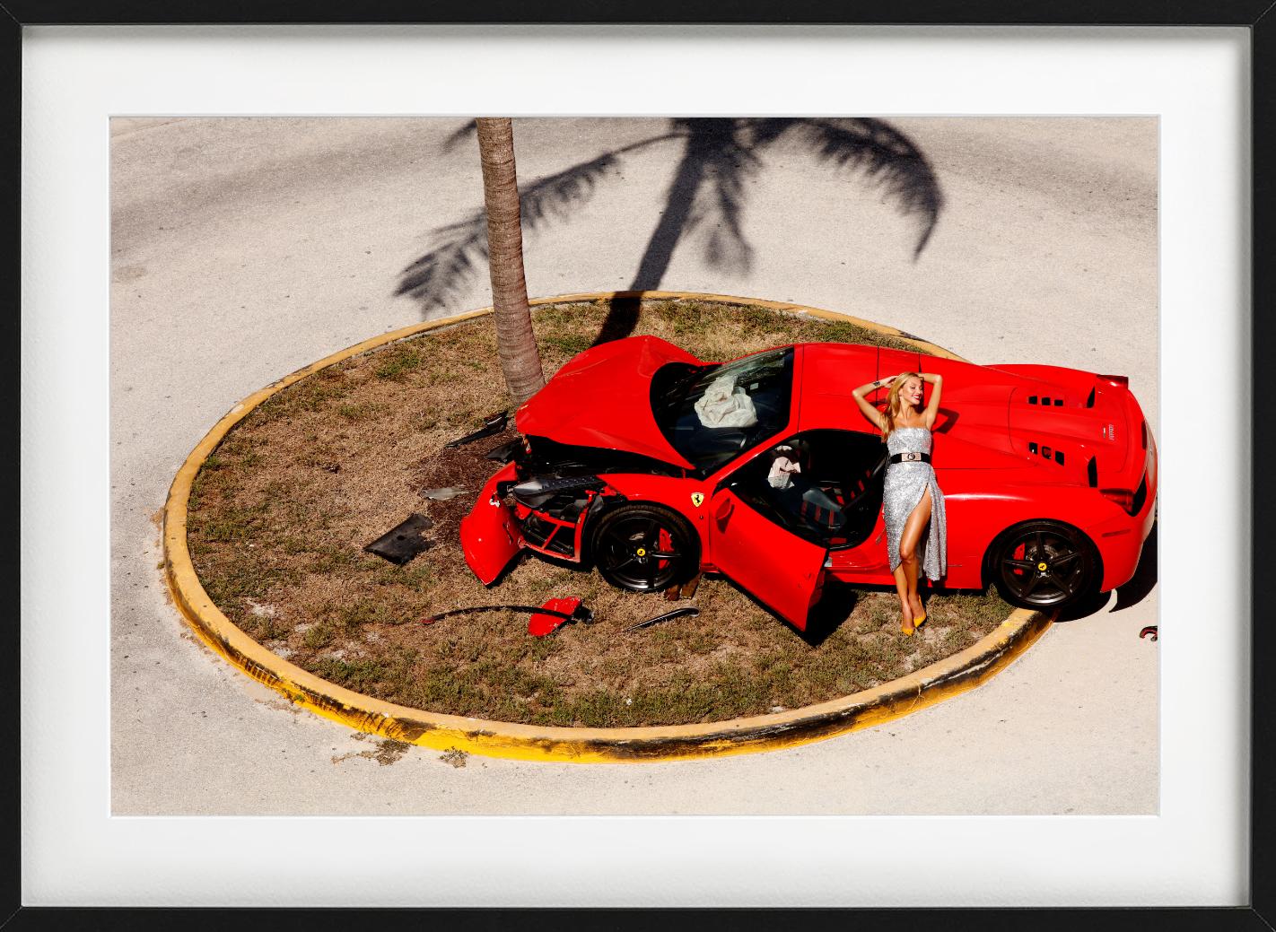 Miami Car Crash - Red Ferrari crashed on a Palmtree, fine art photography, 2019 For Sale 4