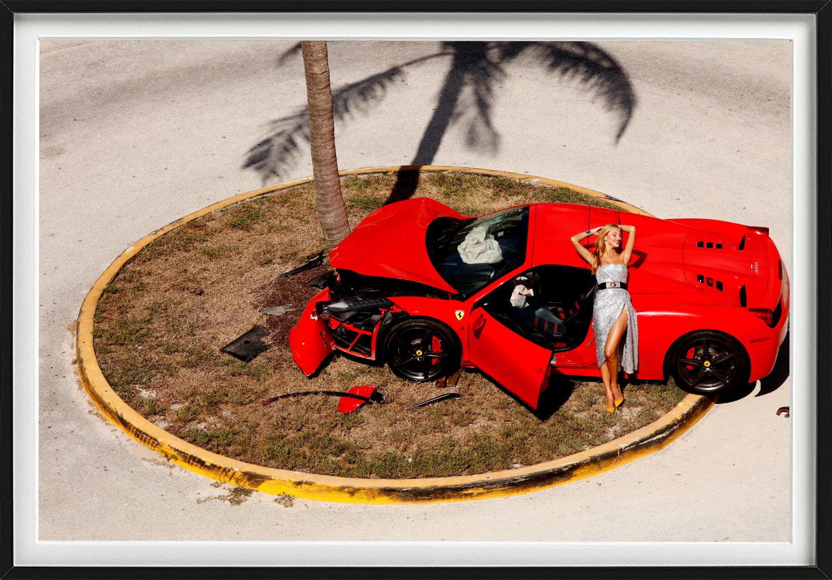Miami Car Crash - Red Ferrari crashed on a Palmtree, fine art photography, 2019 For Sale 5