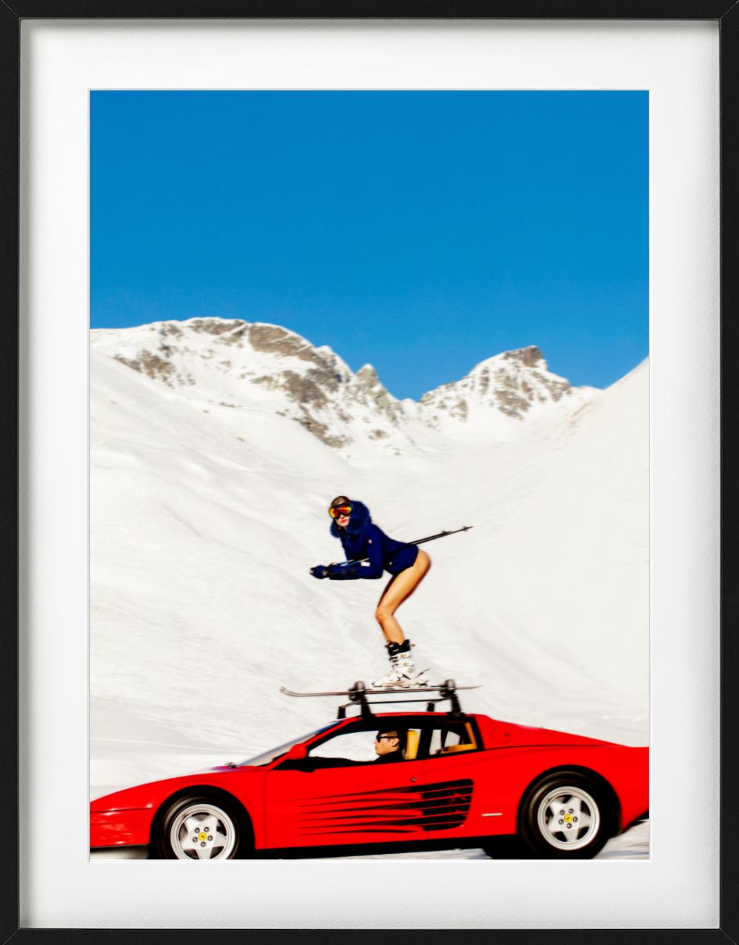 Off-Piste - Modella con gli sci in piedi su una Ferrari, Diptych Fine Arts Photography, 2022 1