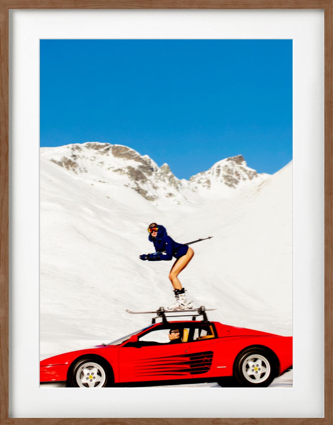 Off-Piste - Modella con gli sci in piedi su una Ferrari, Diptych Fine Arts Photography, 2022 3