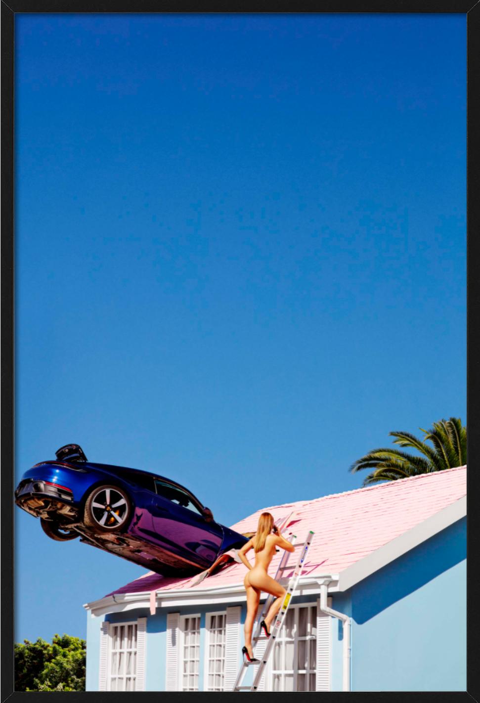 Rooftop Parking - Nude on a Rooftop with Purple Car, Fine Art Photography, 2012 - Blue Nude Photograph by Tony Kelly
