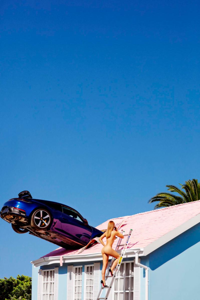 Tony Kelly Nude Photograph - Rooftop Parking - Nude on a Rooftop with Purple Car, Fine Art Photography, 2012