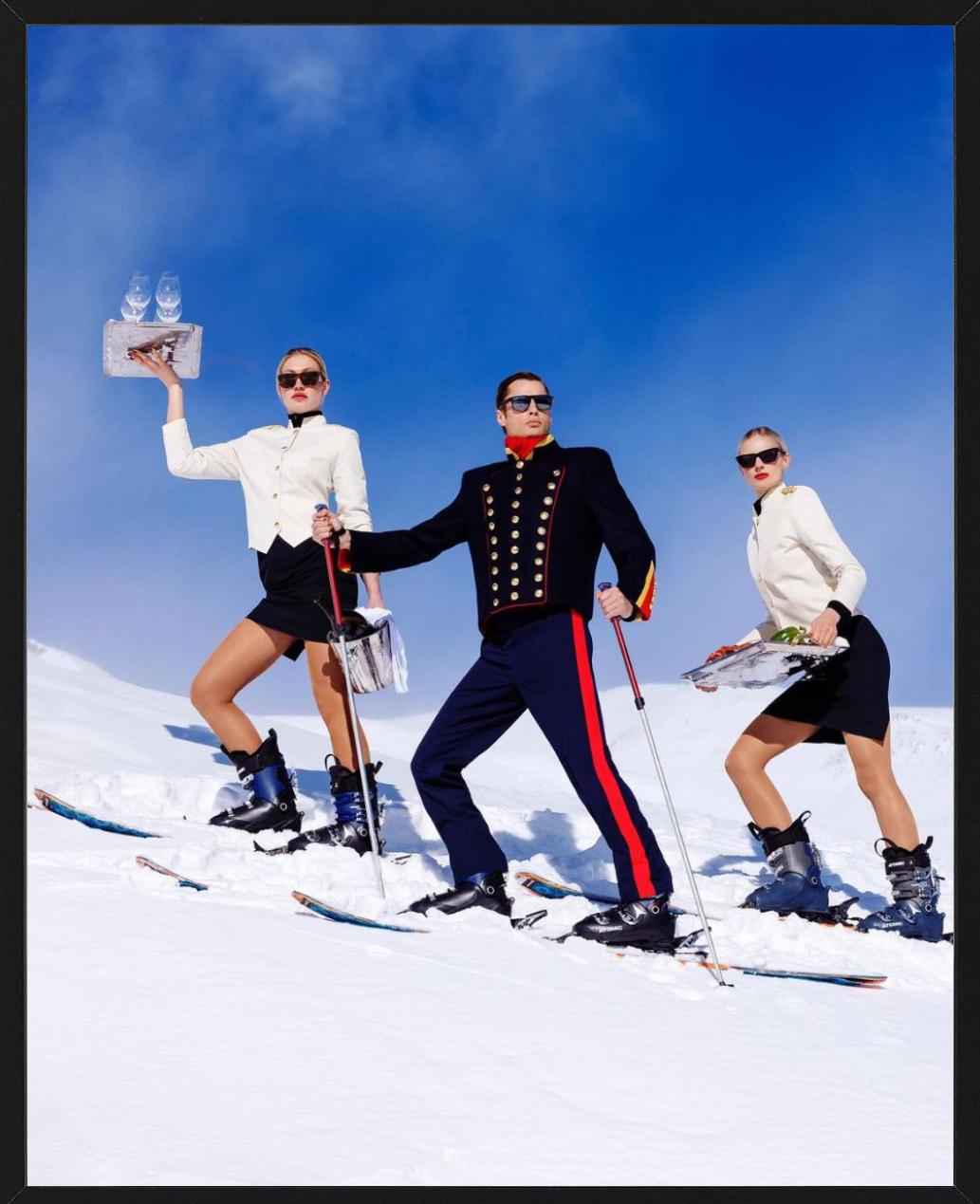 'Room Service' - Waiters in uniform skiing on piste, fine art photography, 2023 For Sale 6
