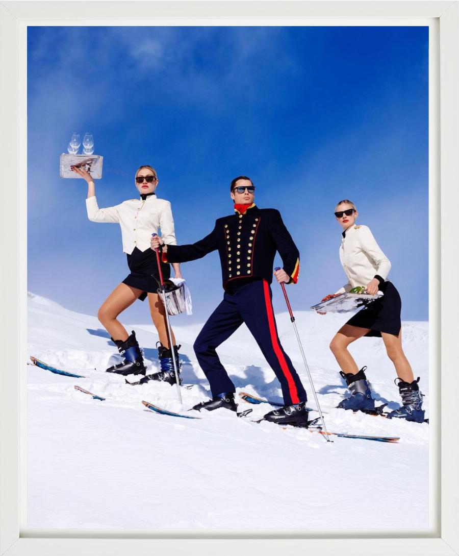 'Room Service' - Waiters in uniform skiing on piste, fine art photography, 2023 For Sale 1