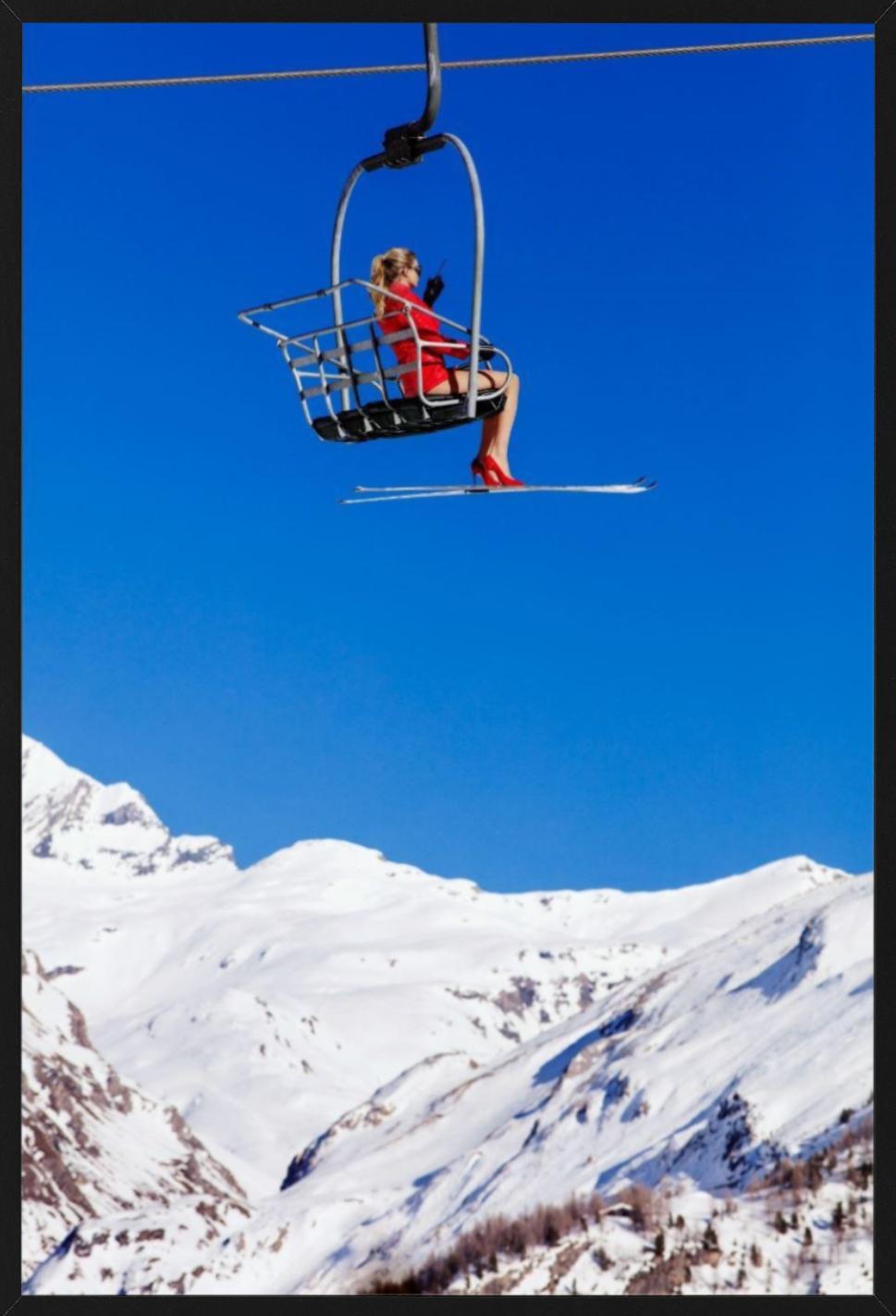 Ski Patrol - Model in Red sitting in a Chairlift, Fine Art Photography, 2019 For Sale 5