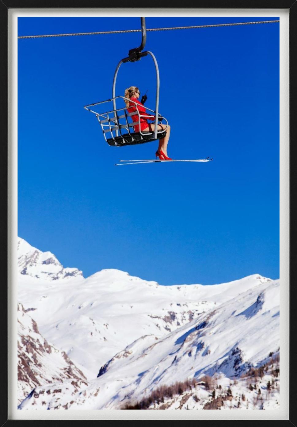 Ski Patrol - Model in Red sitting in a Chairlift, Fine Art Photography, 2019 For Sale 6