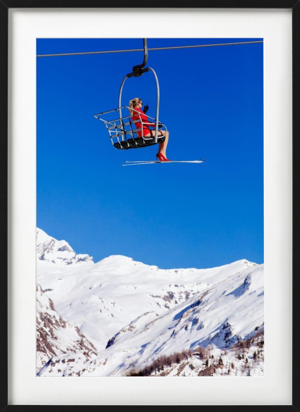 Ski Patrol - Model in Red sitting in a Chairlift, Fine Art Photography, 2019 For Sale 1