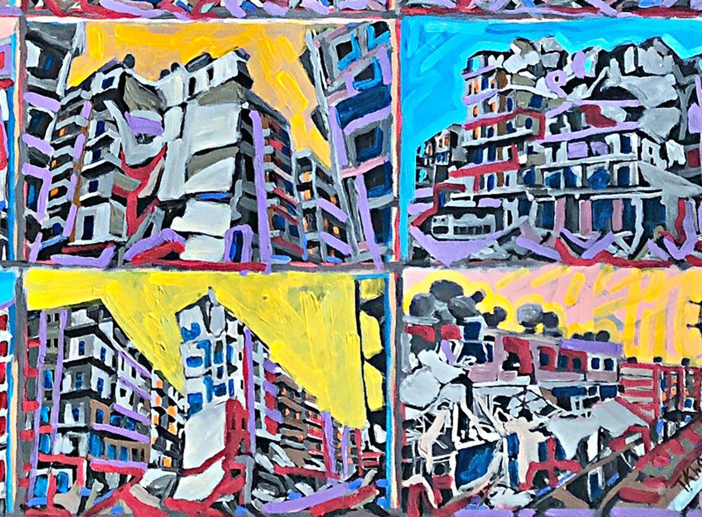 This painting is one of ‘Aleppo and Kyiv Urban Landscape No.2’ series featuring many windows gazing at the world. This is a collection of different neighborhoods in Aleppo city that resembles Kyiv urban scenes of collapsed apartment floors, fallen