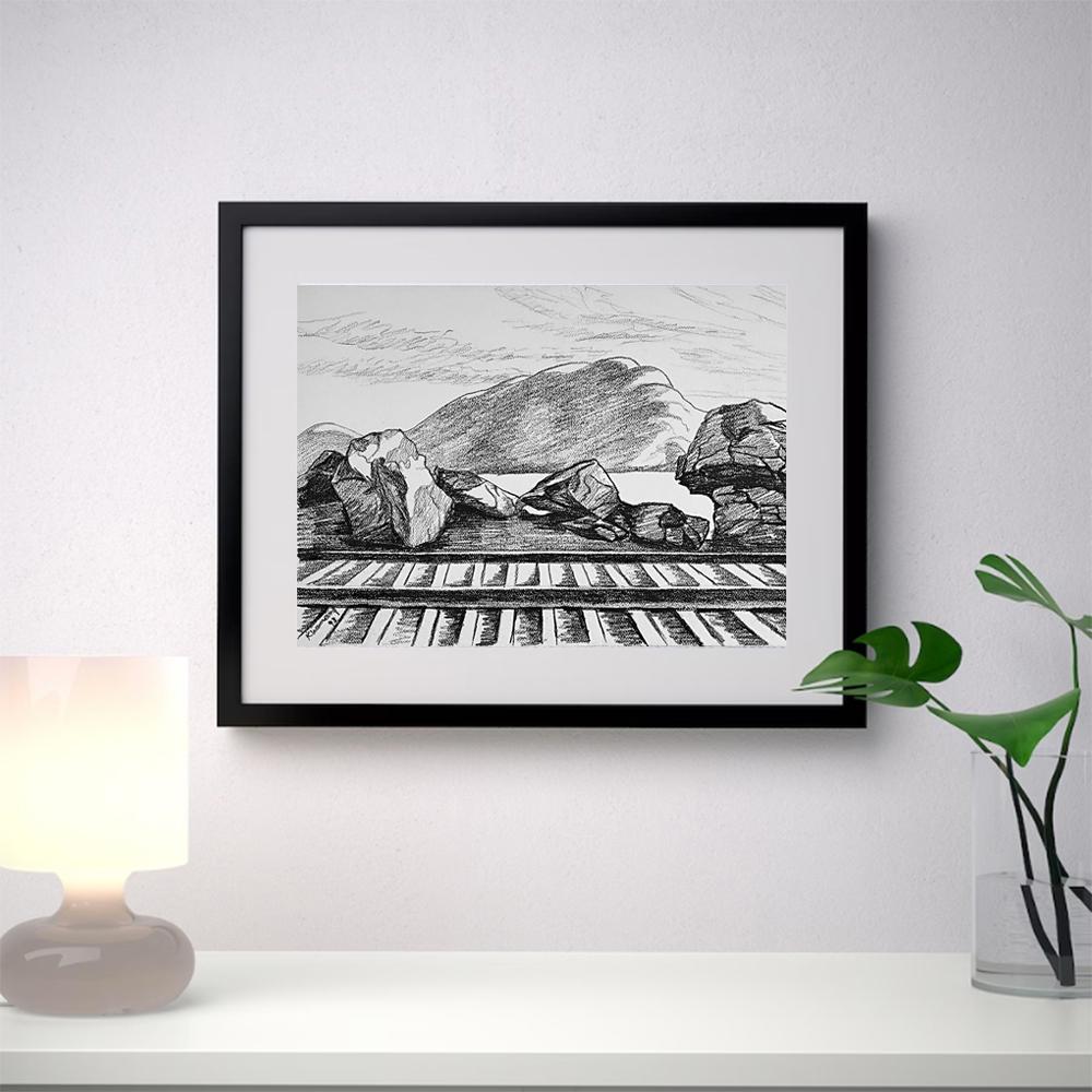 Framed drawing with a choice of black or white frame (please write a message to seller of your preferred frame color). Mat opening, width: 11 1/2 
