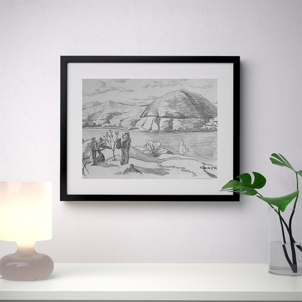 Framed drawing with a choice of black or white frame (please write a message to seller of your preferred frame color). Mat opening, width: 11 1/2 