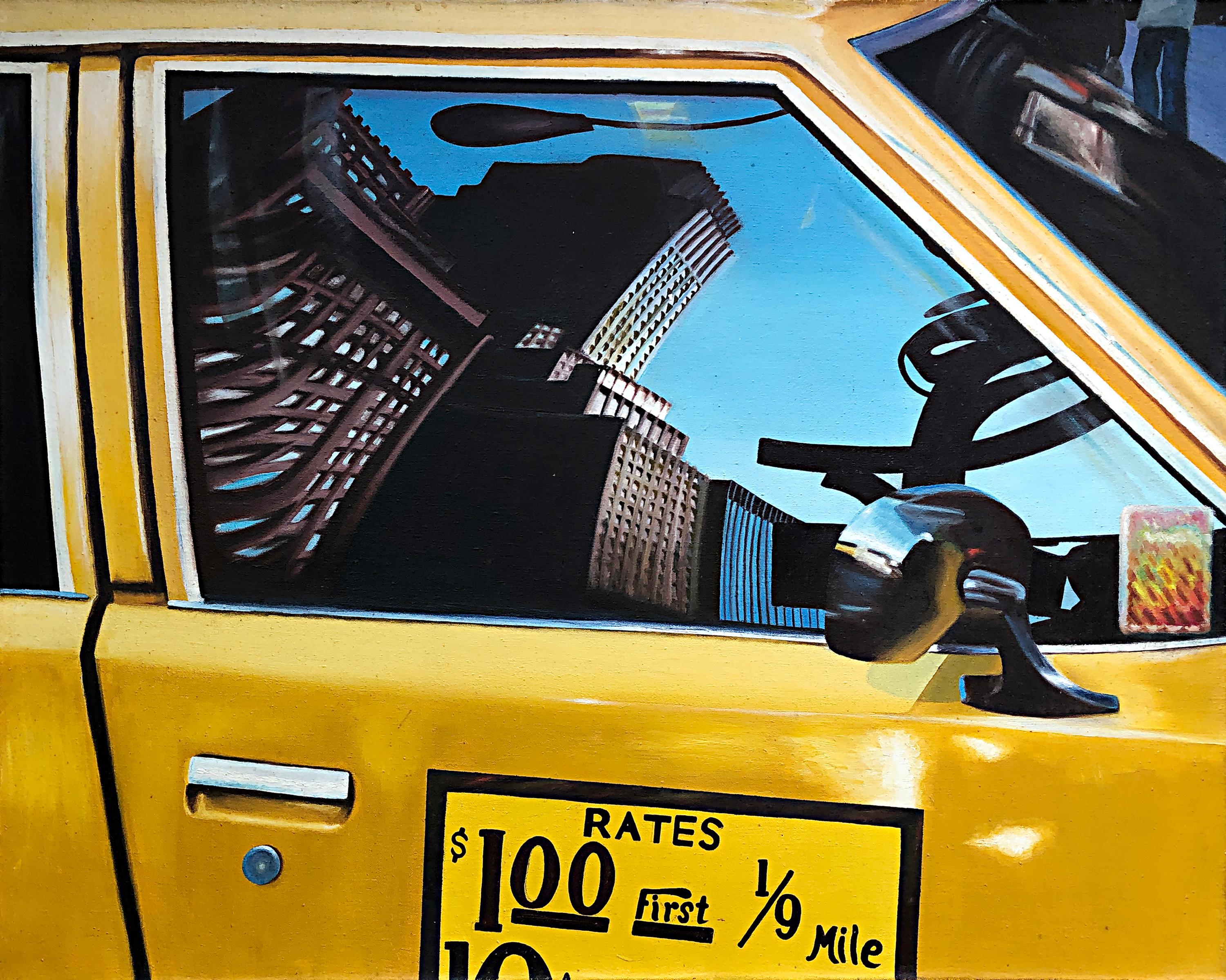Tony Khawam Landscape Painting – Gelber Cab Madison Square Garten