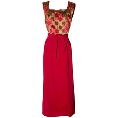 Vintage Tony Krupa Italian Fuchsia Pink Velvet Maxi Dress with Floral Print Bodice 1960s