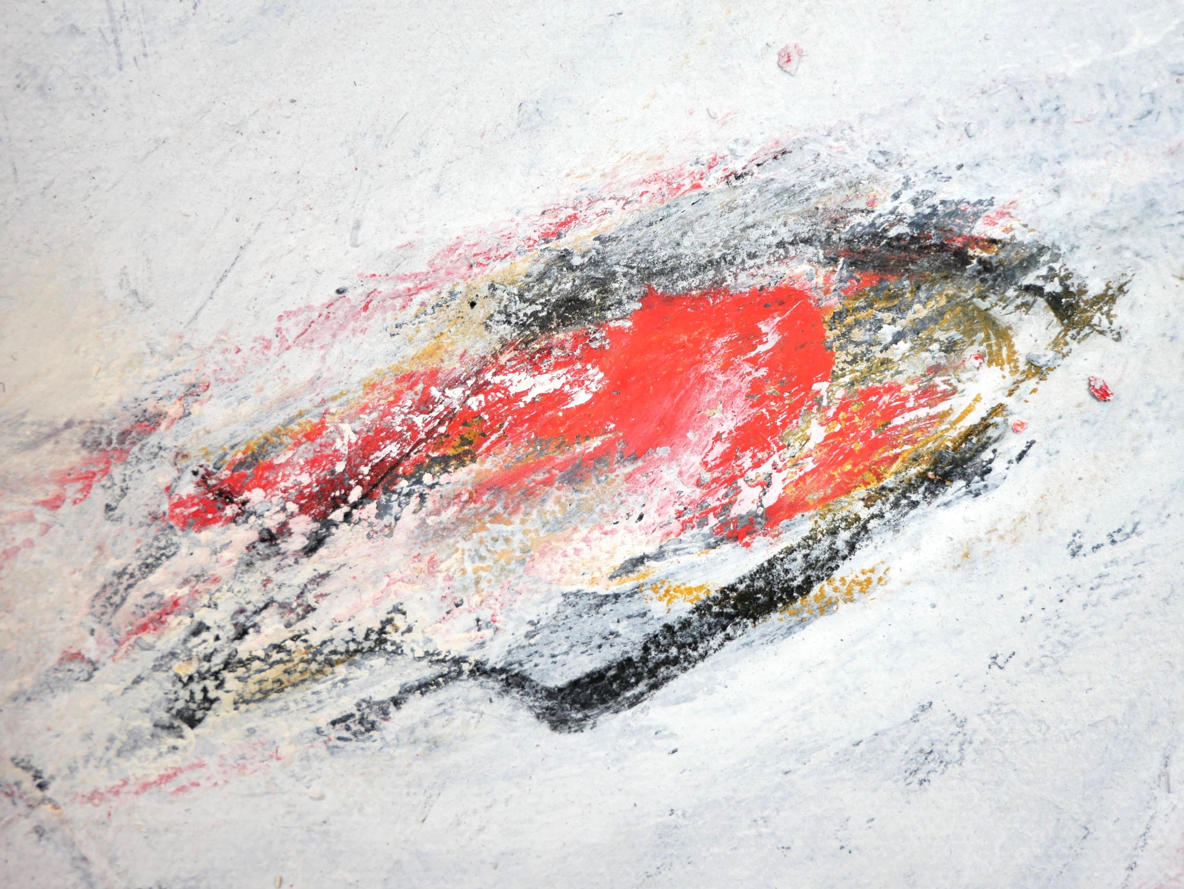 Peinture expressionniste abstraite contemporaine rouge, jaune et noire « Eightball » 2