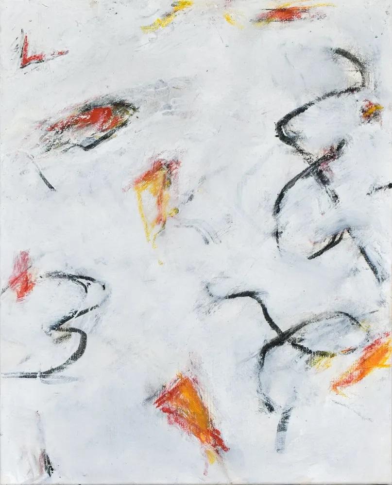 Zeitgenössisches abstraktes expressionistisches Gemälde „Achtball“ in Rot, Gelb und Schwarz