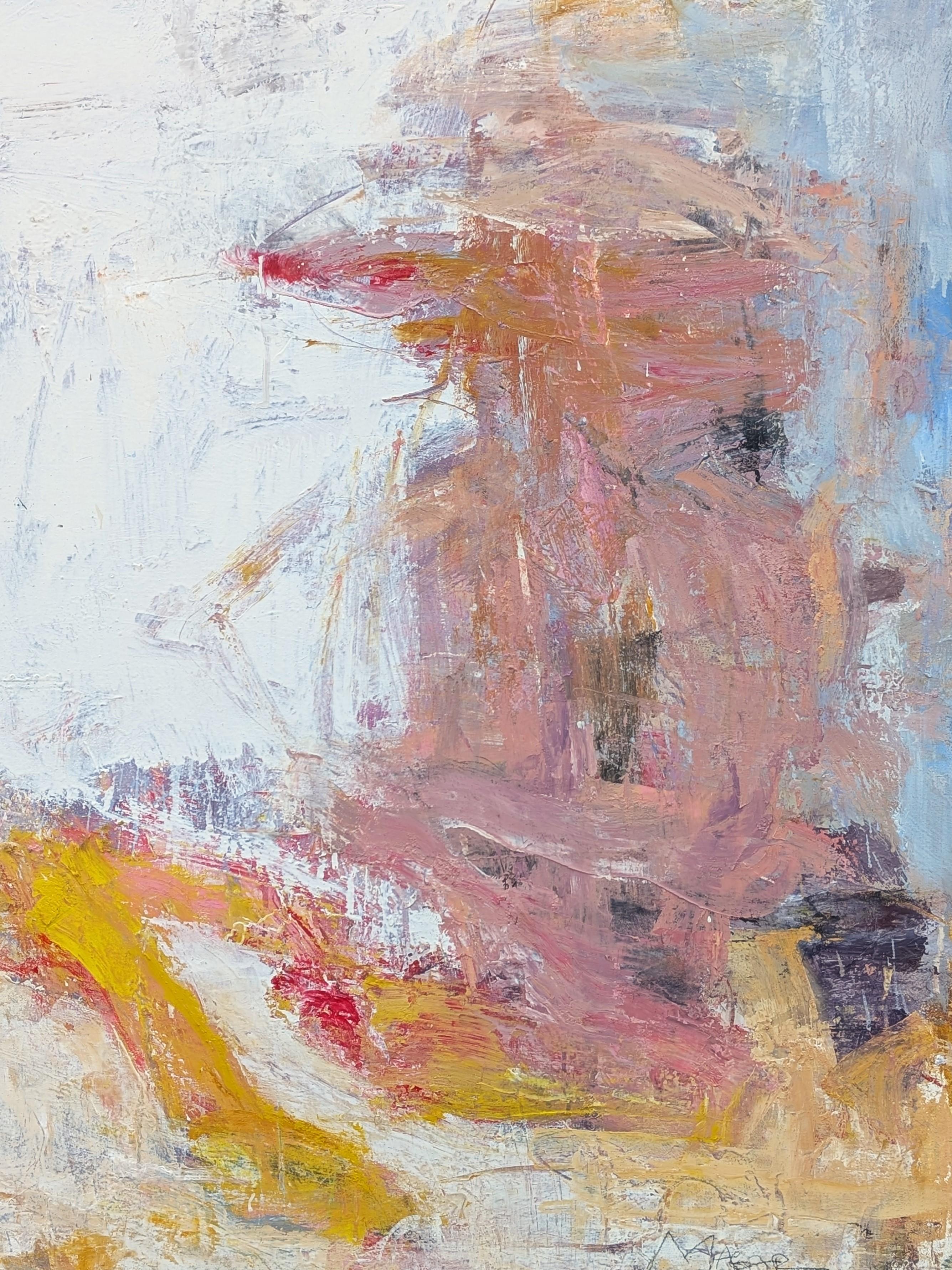 Quadro moderno espressionista astratto rosa, giallo e blu dell'artista inglese Tony Magar. L'opera è caratterizzata da tratti audaci ed emotivi che continuano sui bordi con una macchia di bianco al centro. Firmato nell'angolo anteriore in basso a