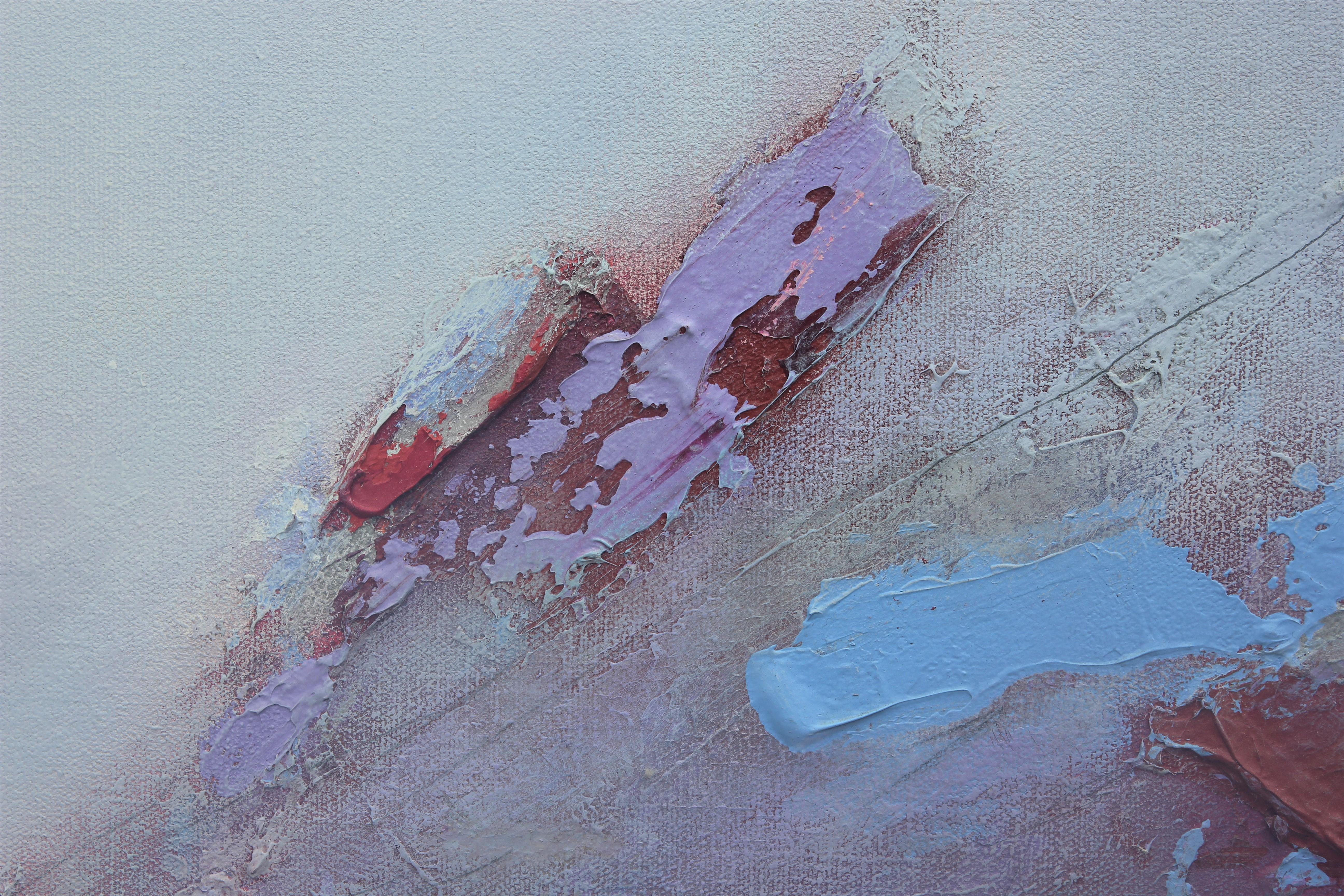 Quadro astratto di Tony Magar che mostra un colore viola slavato che sanguina sulla tela in contrasto con accenti di linee gestuali spesse, azzurre, rosse e bianche. Attualmente è visualizzato in una cornice cromata.

Dimensioni senza cornice: H. H.