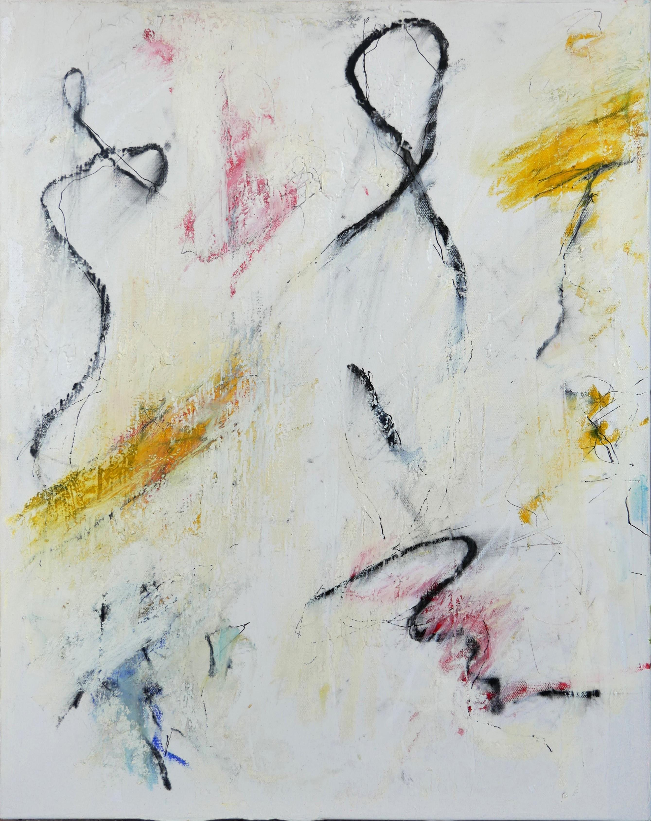 Buntes abstraktes expressionistisches Gemälde des in London geborenen Künstlers Tony Magar. Das Werk zeichnet sich durch eine energiegeladene Anordnung roter, gelber, blauer und schwarzer Linien und Markierungen vor einem weißen Hintergrund aus.