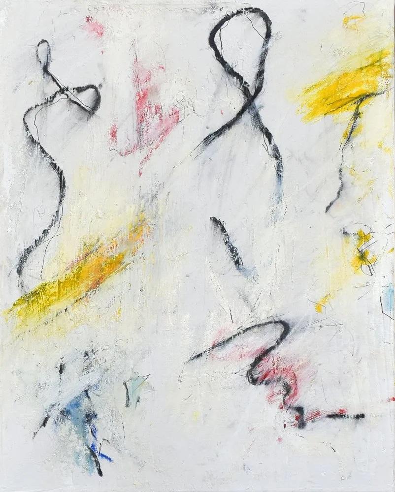 Zeitgenössisches rotes, gelbes und blaues abstraktes expressionistisches Gemälde „Shoreline“ – Mixed Media Art von Tony Magar