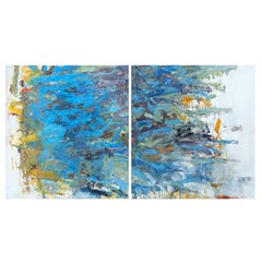 "Tiro Azul / Gente del Árbol" Pintura Díptica Expresionista Abstracta Azul y Amarilla