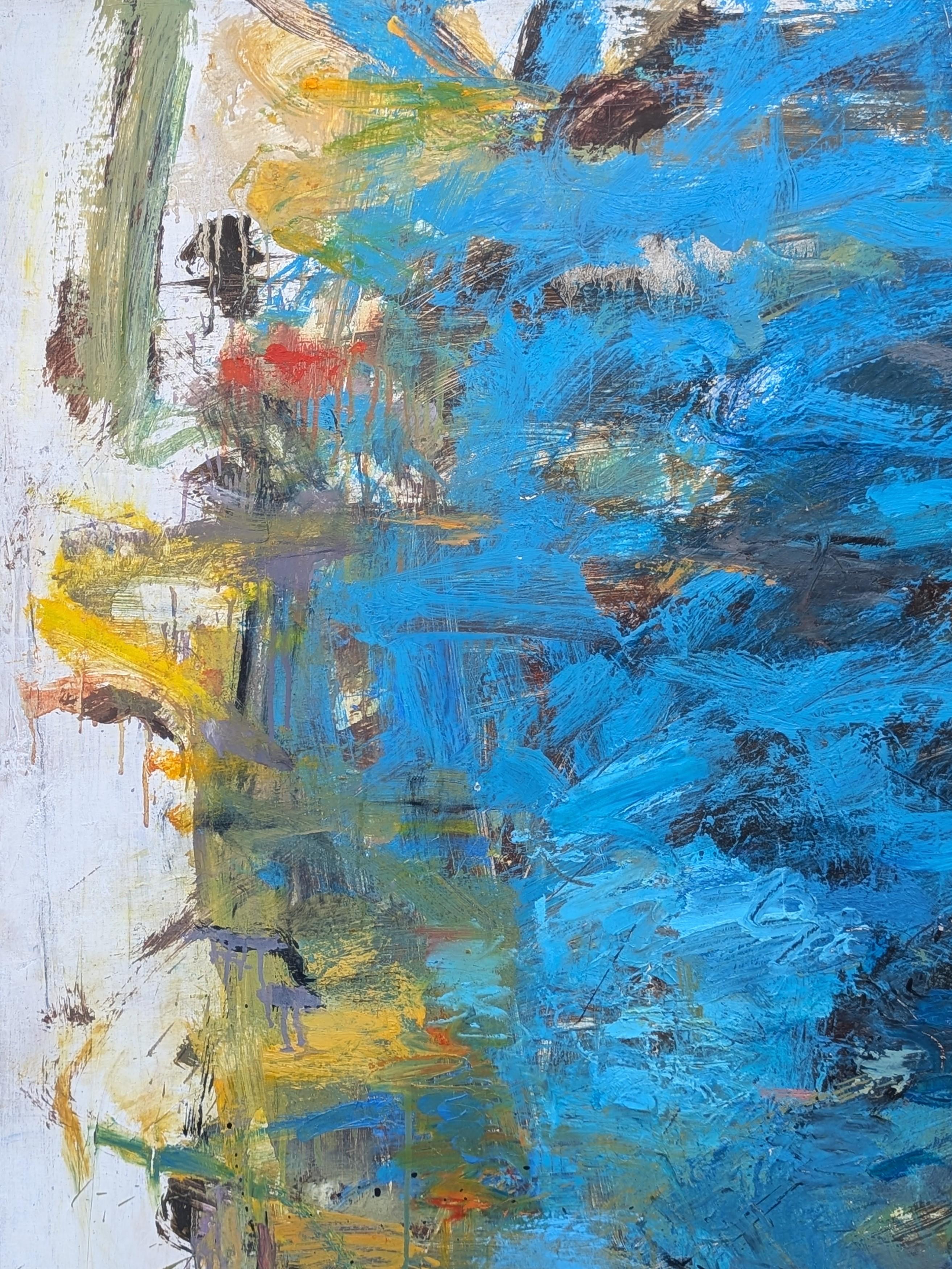 Modernes blaues und gelbes abstraktes expressionistisches Gemälde des englischen Künstlers Tony Magar. Das Werk zeichnet sich durch kühne, gefühlsbetonte Striche aus, die sich auf beiden Leinwänden fortsetzen. Signiert in der linken unteren Ecke der