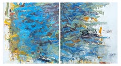 "Shot Blue / Tree People" Peinture Diptyque Expressionniste Abstraite Bleu & Jaune