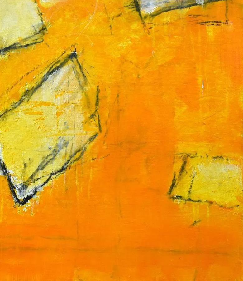 Colorful abstract expressionist painting by London-born artist Tony Magar. The work features an energetic arrangement of light yellow geometric shapes set against a rich, orange background. Signed, titled, and dated on reverse. Currently unframed,
