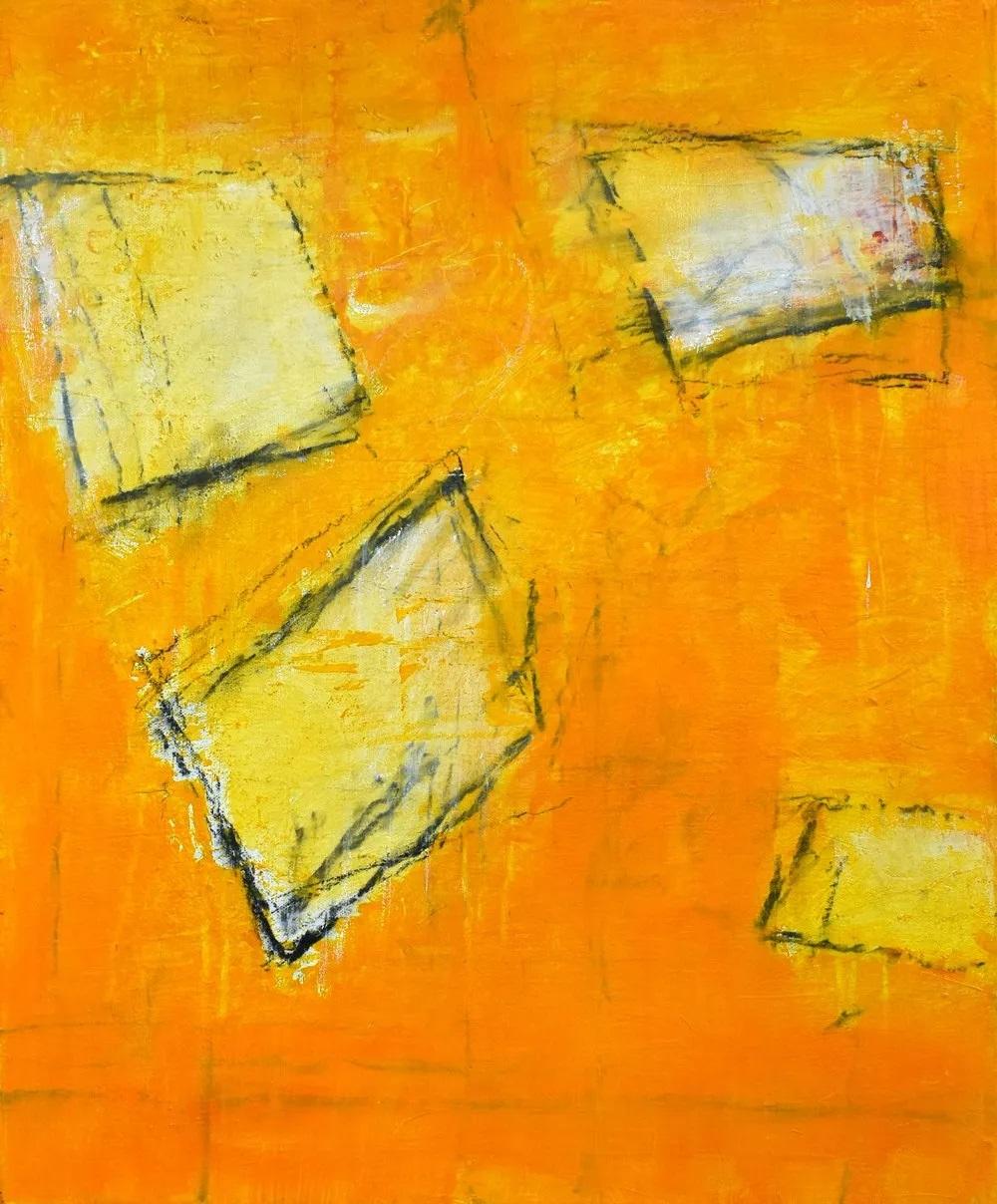 « Le poème » - Peinture expressionniste abstraite contemporaine aux tons orange et jaune