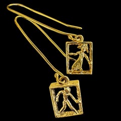 "Tony & Maria" Long Wire Hook Framed Figural Earrings in 18 Karat Gold