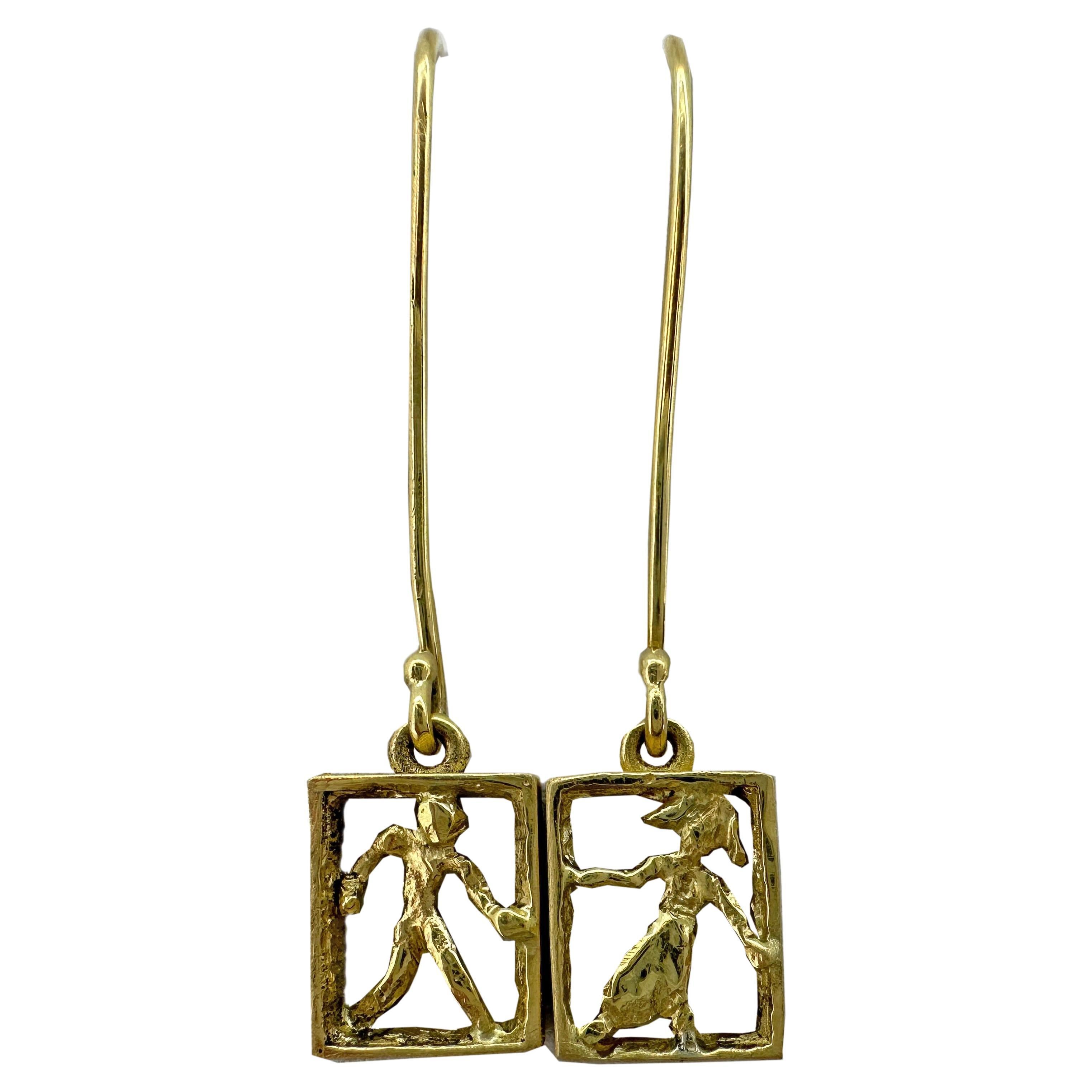 "Tony & Maria" Long Wire Hook Dangle Earrings in 18 Karat Gold For Sale