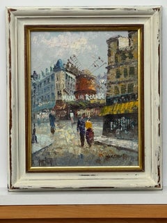 Figures dans une rue parisienne avec l'enseigne du Moulin Rouge Paris dans un style impressionniste