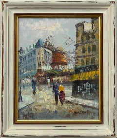 Figures on Parisian Street with Moulin Rouge Paris Sign in Impressionist Style